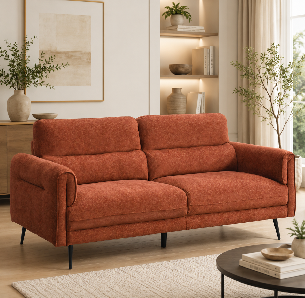 Orange rust-colored two-seater loveseat sofa