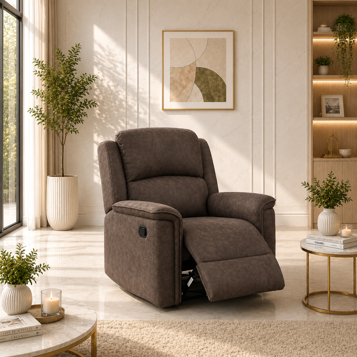 A plush power-adjustable recliner chair