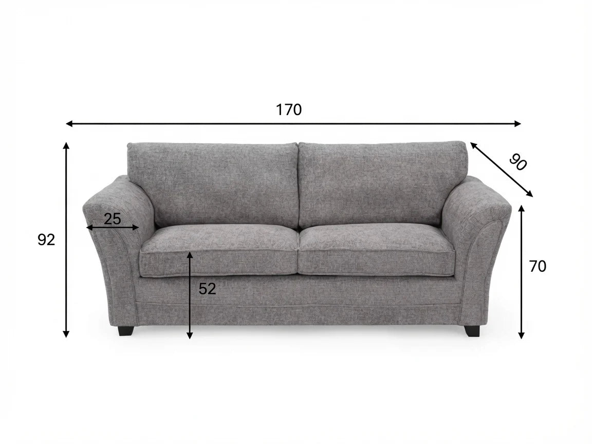Gray sofa with dimensions marked