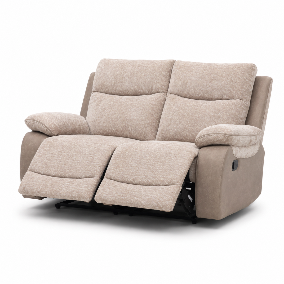 Beige fabric two-seater reclining loveseat sofa upholstered
