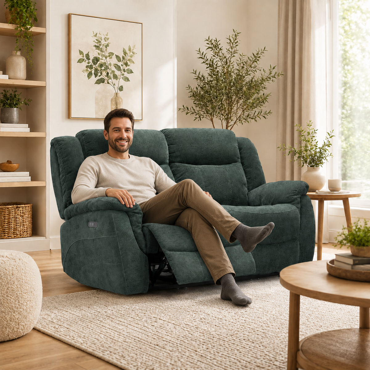 Man relaxes on a dark teal reclining loveseat sofa