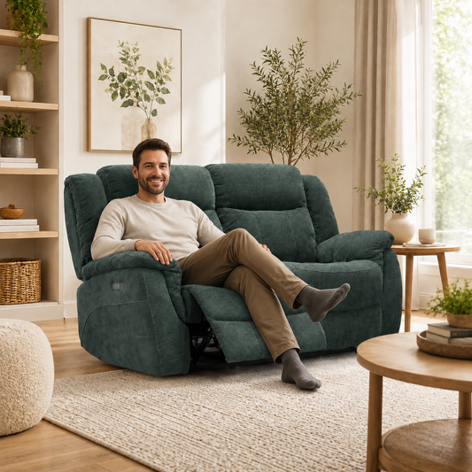 Man relaxes on a dark teal reclining loveseat sofa