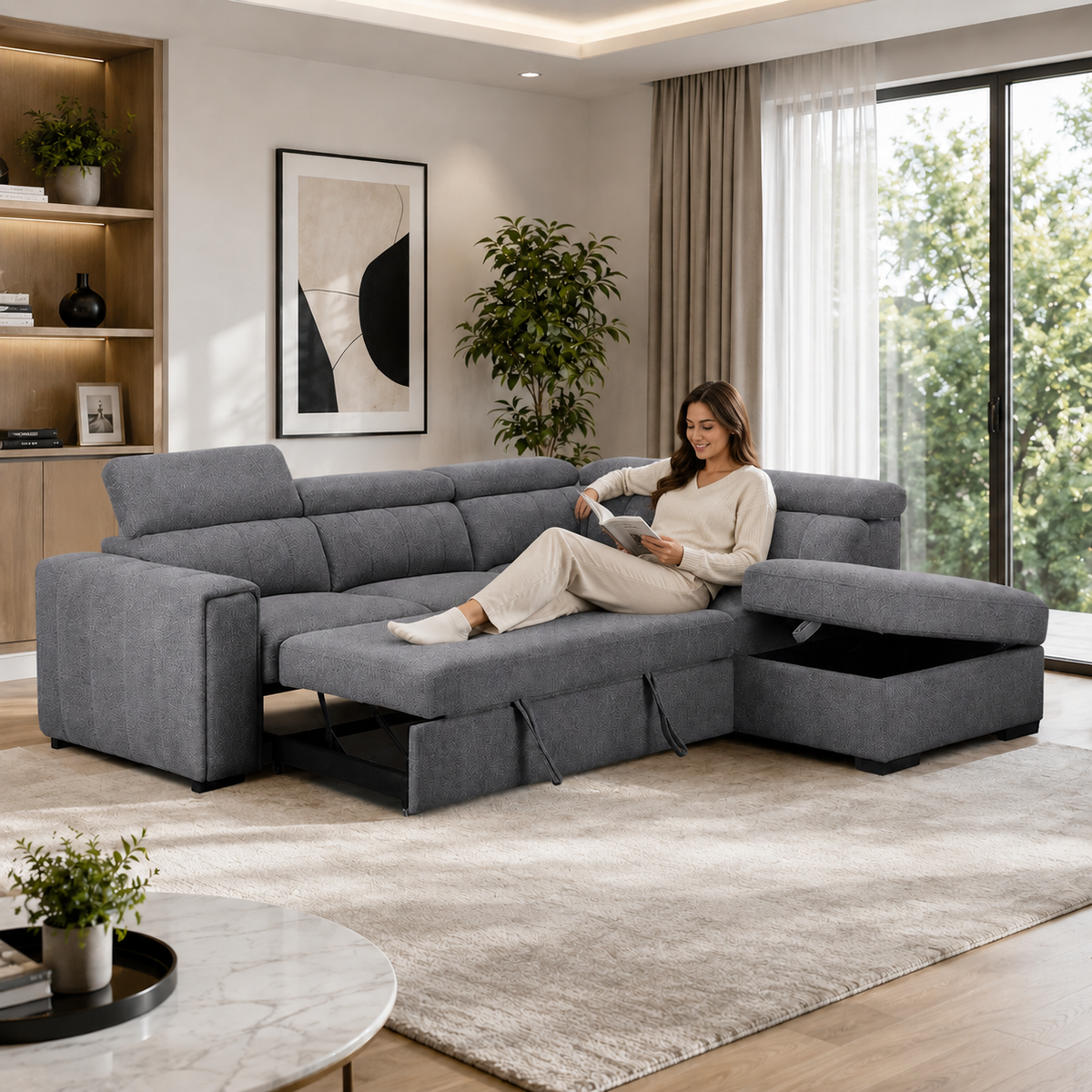 Woman relaxes on a modern gray fabric sectional sofa 