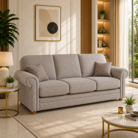 3 seater light gray upholstered sofa 