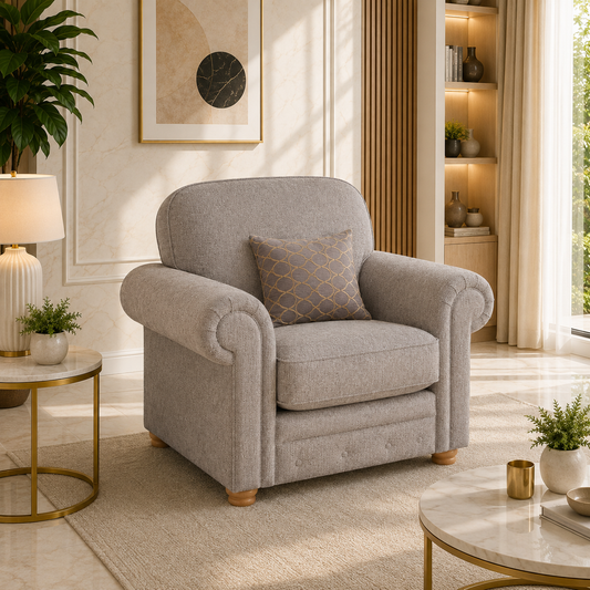 Light gray upholstered armchair with rolled arms