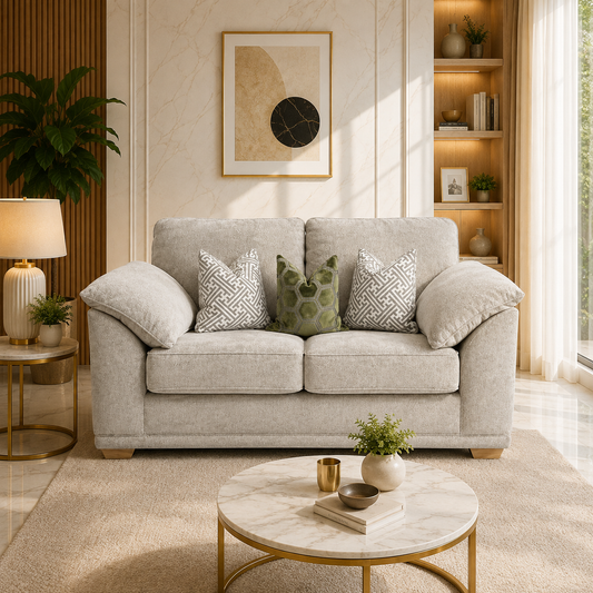Light beige upholstered loveseat sofa