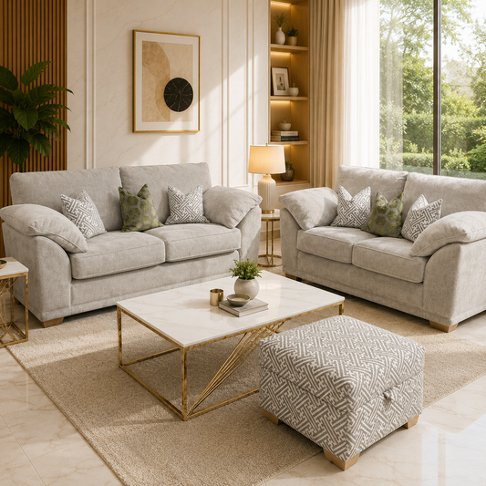 Two light gray upholstered sofas