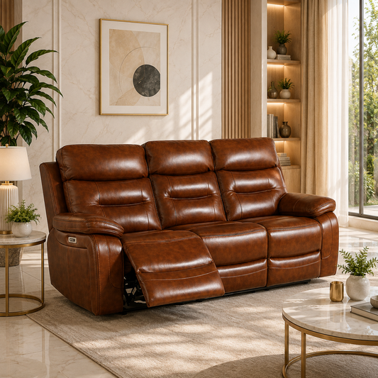 3 seater brown leather reclining sofa