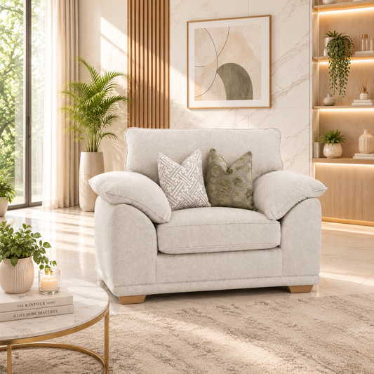 A light beige armchair with two throw pillows