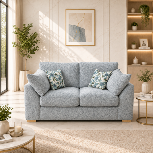 A light blue-gray upholstered loveseat sofa