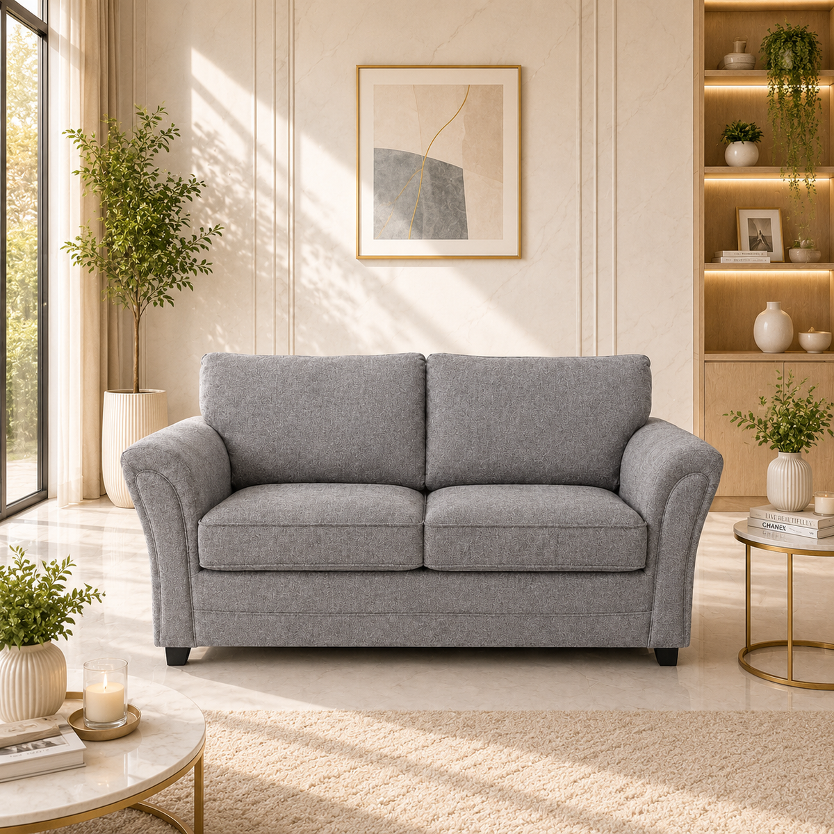 2 seater loveseat sofa in textured light gray fabric
