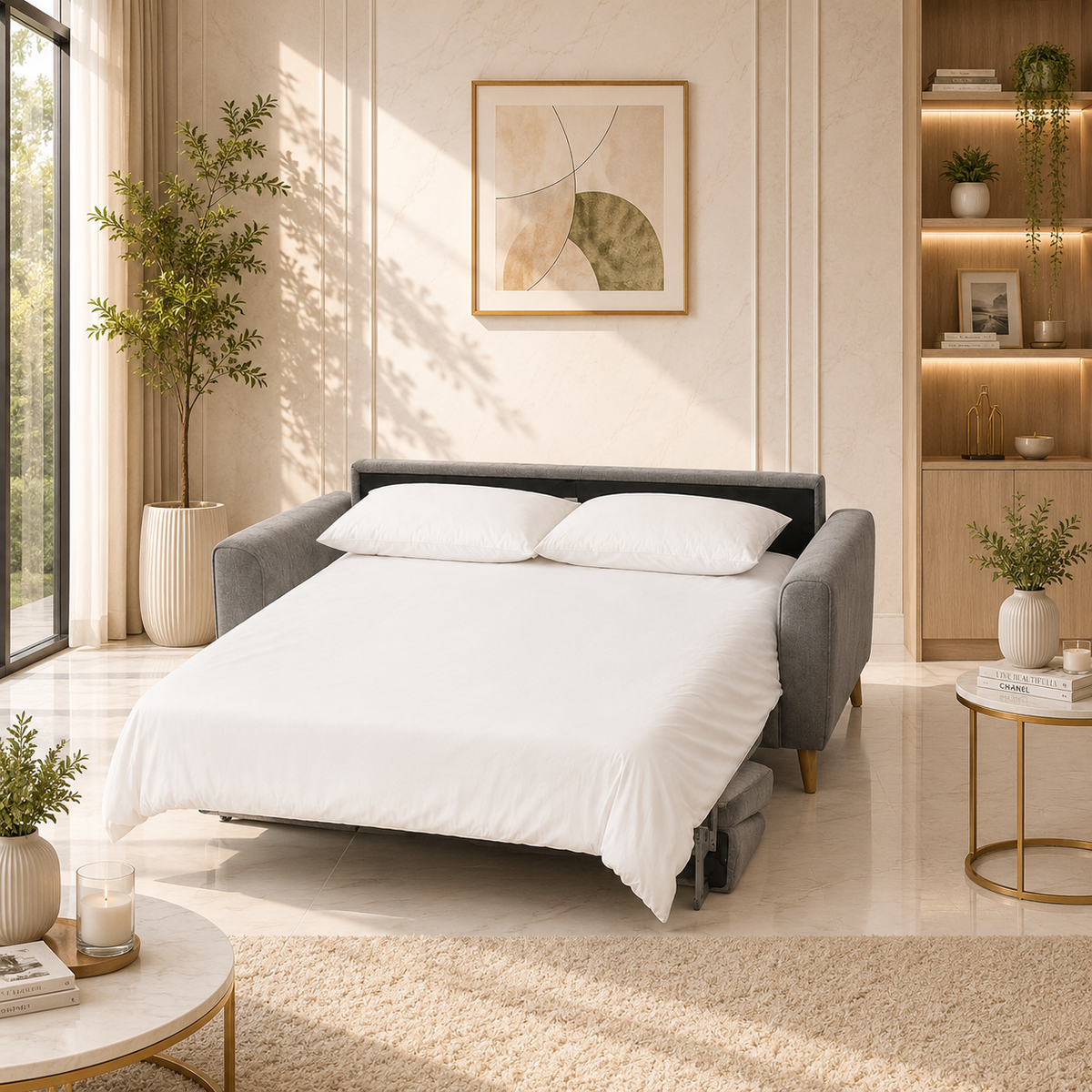 A gray upholstered sofa bed with white bedding