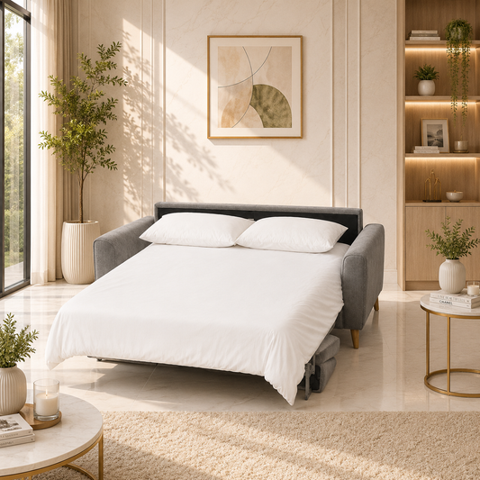 A gray upholstered sofa bed with white bedding