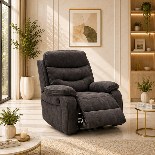 A dark gray plush recliner chair 