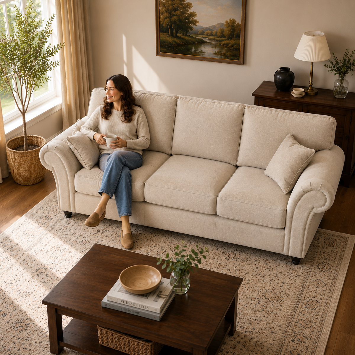 Woman sits on a upholstered loveseat sofa