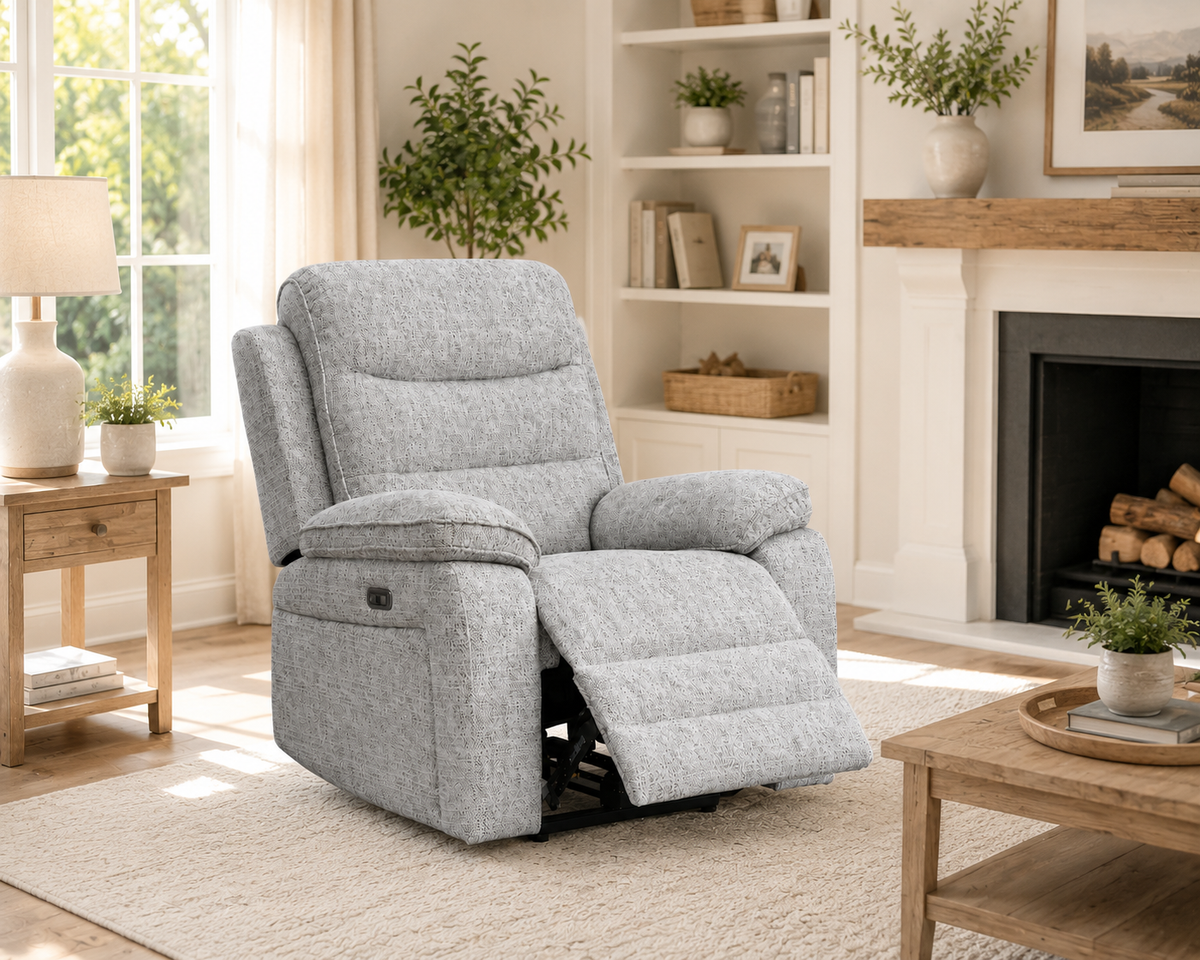 A light gray upholstered recliner chair