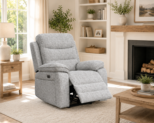 A light gray upholstered recliner chair