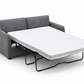 A gray upholstered sofa bed with its mattress