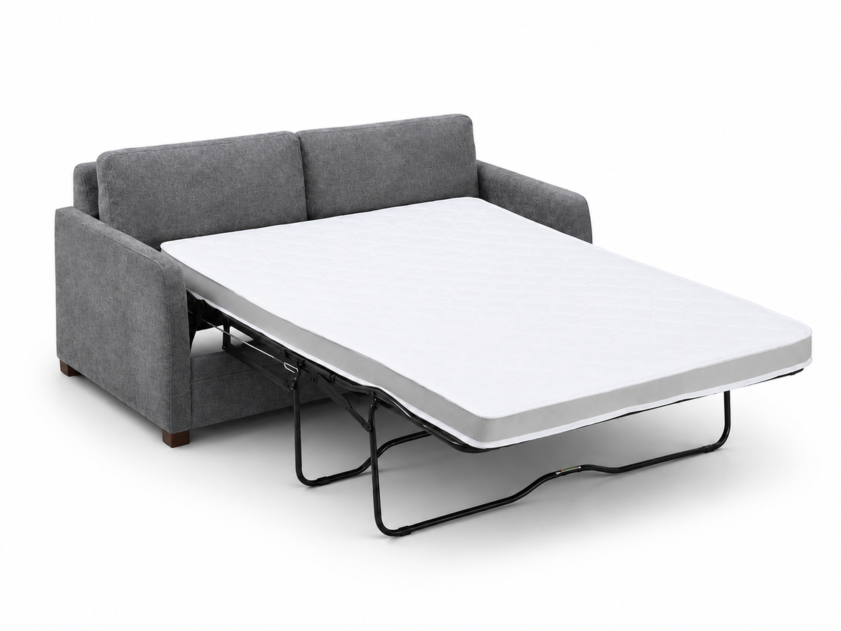 A gray upholstered sofa bed with its mattress
