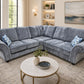 Gray sectional sofa with a round coffee table