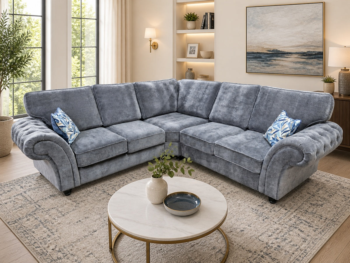 Gray sectional sofa with a round coffee table