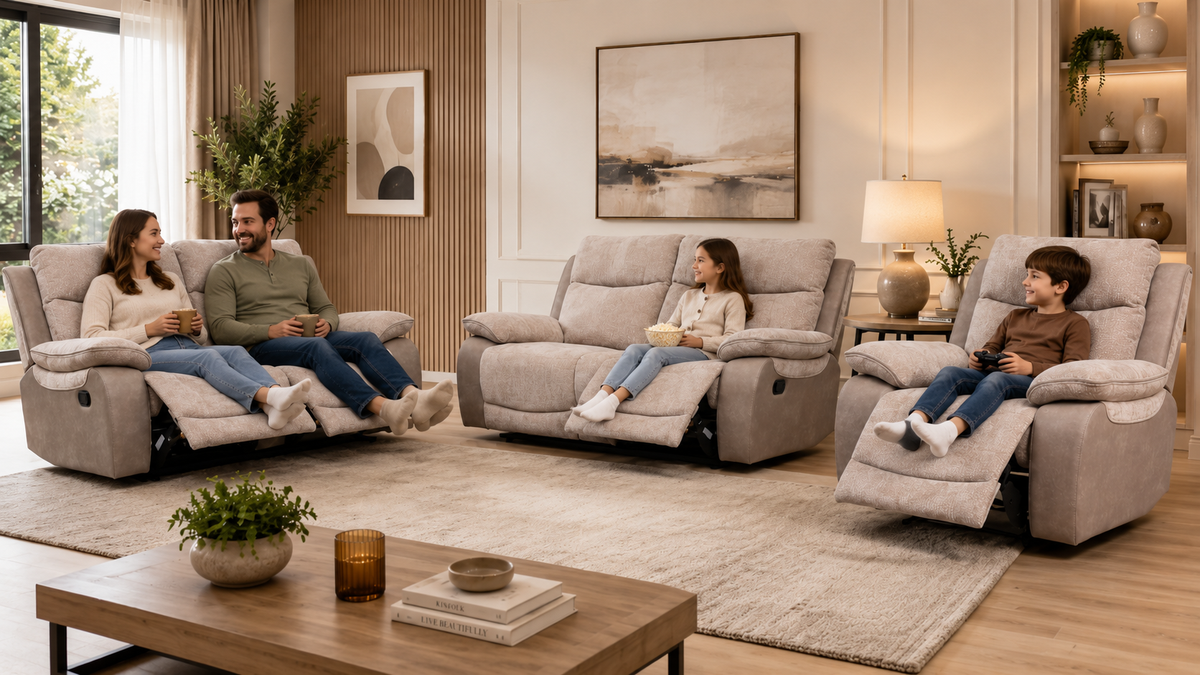 Three light gray upholstered reclining sofas 