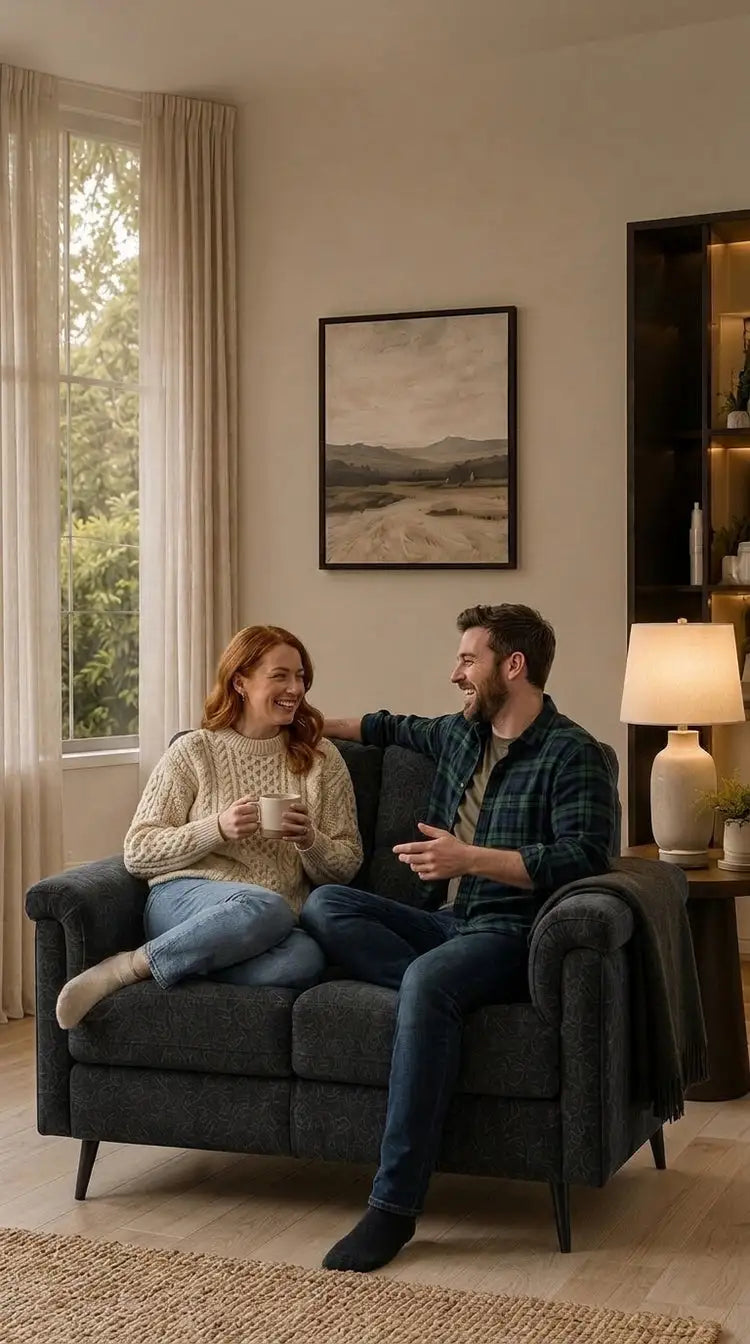 Couple sitting on 2 seater sofa