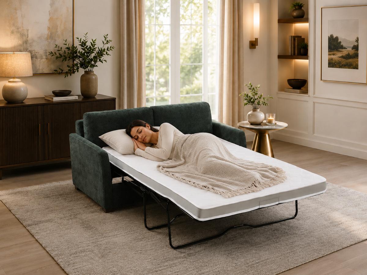 A woman sleeping on a dark green sofa bed with white mattress