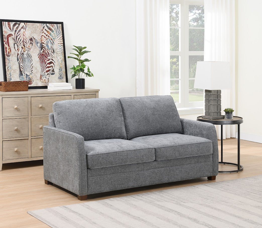 A gray upholstered loveseat sofa