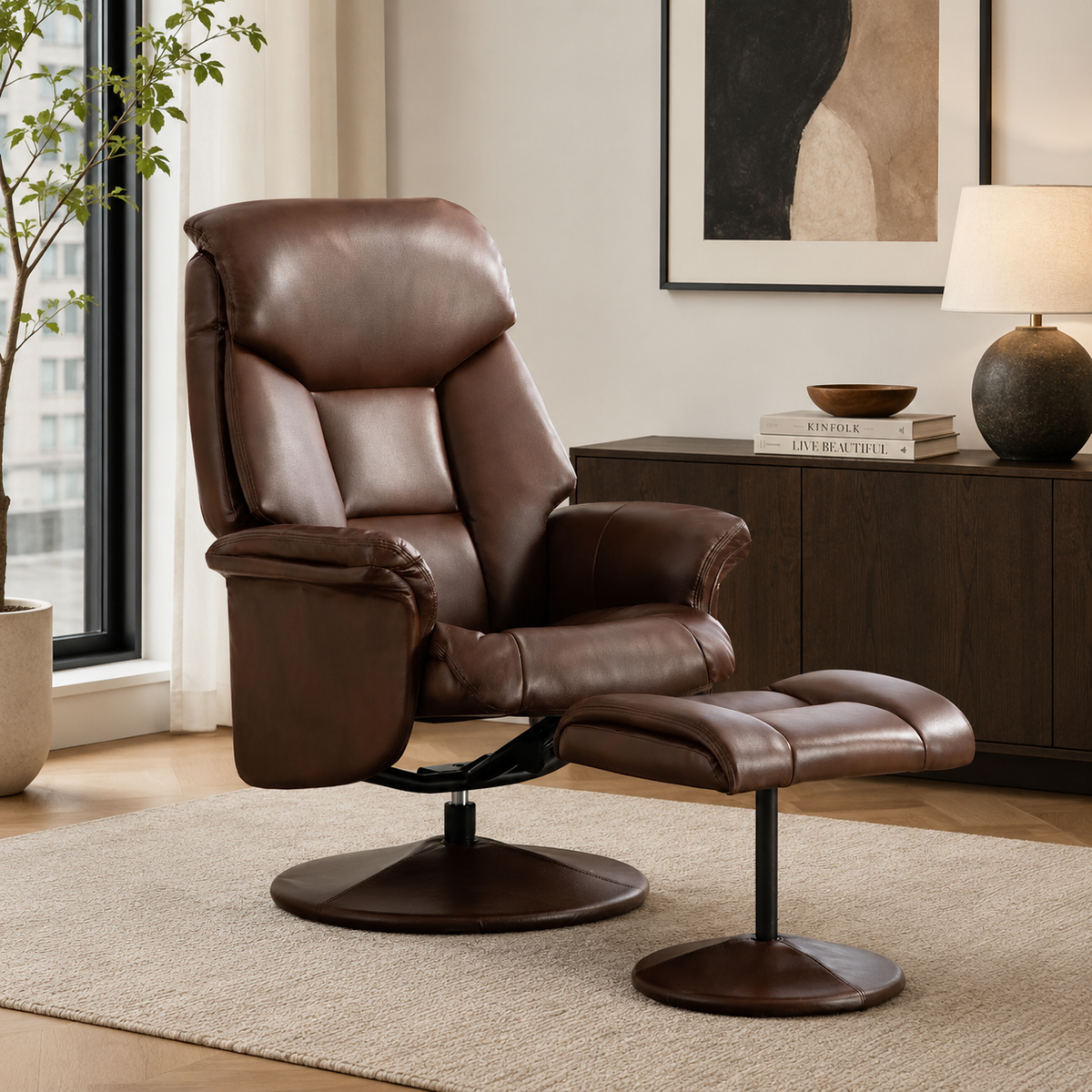 brown leather recliner chair with a matching footrest