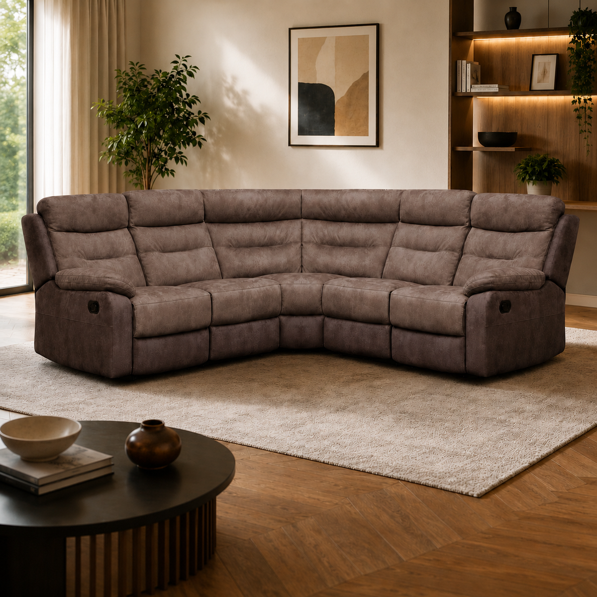 Taupe-brown textured fabric L-shaped sectional recliner sofa 