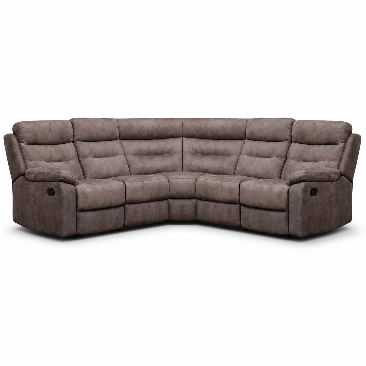A curved upholstered reclining sectional sofa