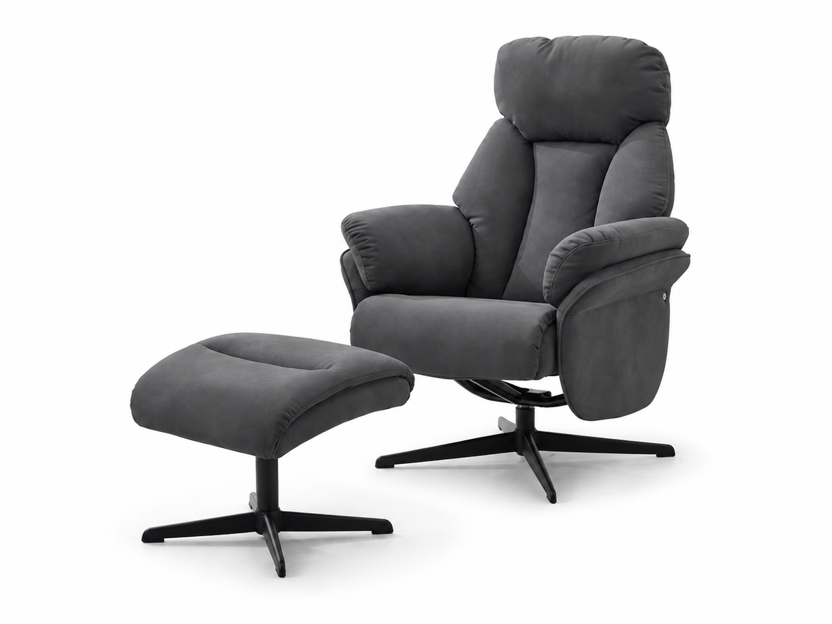 Dark gray upholstered recliner chair with a matching ottoman