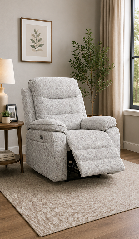 Light gray upholstered recliner chair with footrest 