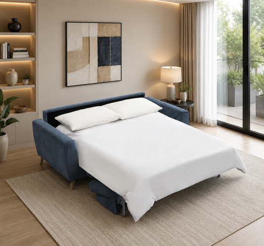 Blue convertible sofa bed in a modern bedroom 