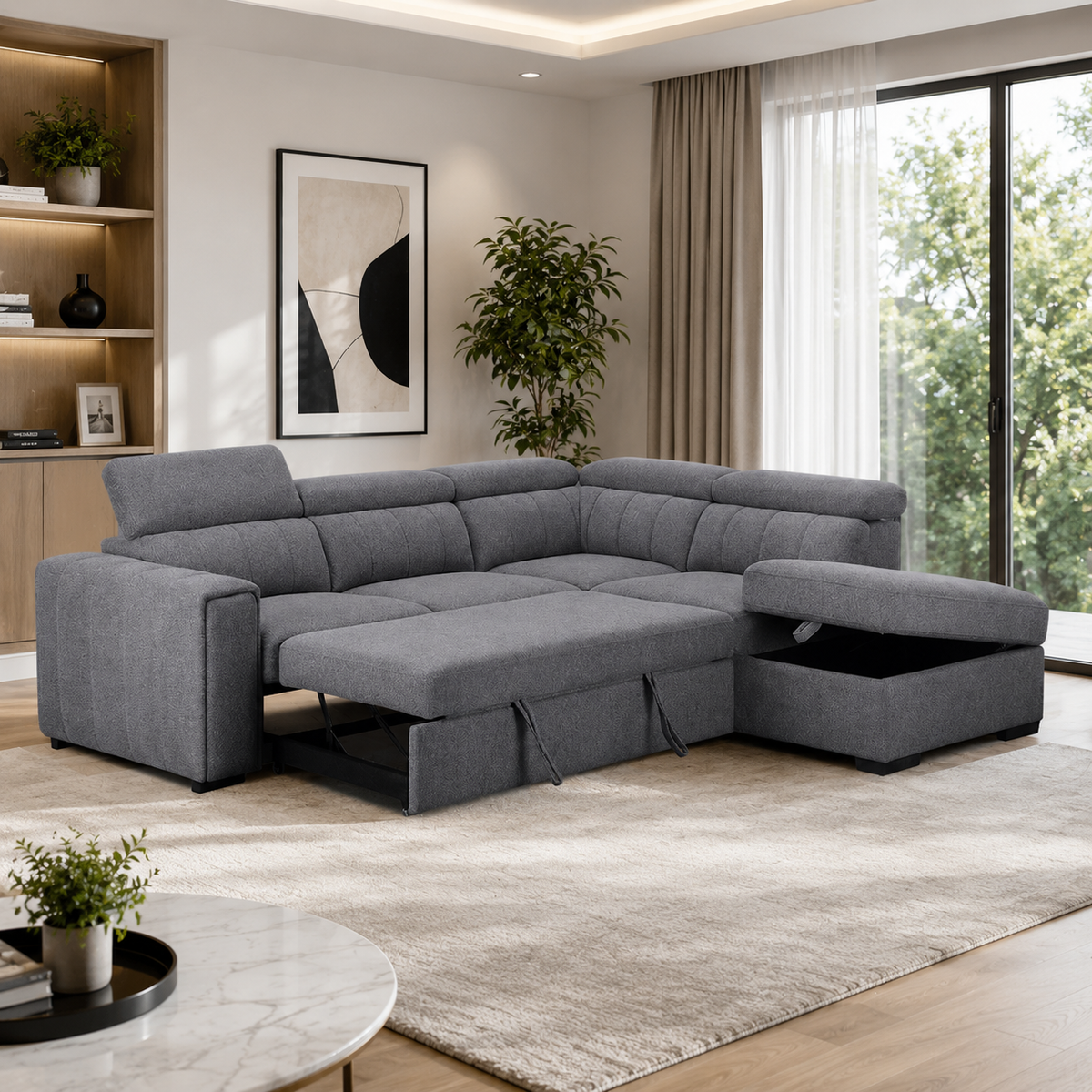 Gray fabric sectional sofa with storage compartment.