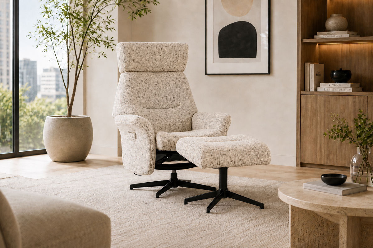 Beige upholstered recliner chair with  high back, padded armrests