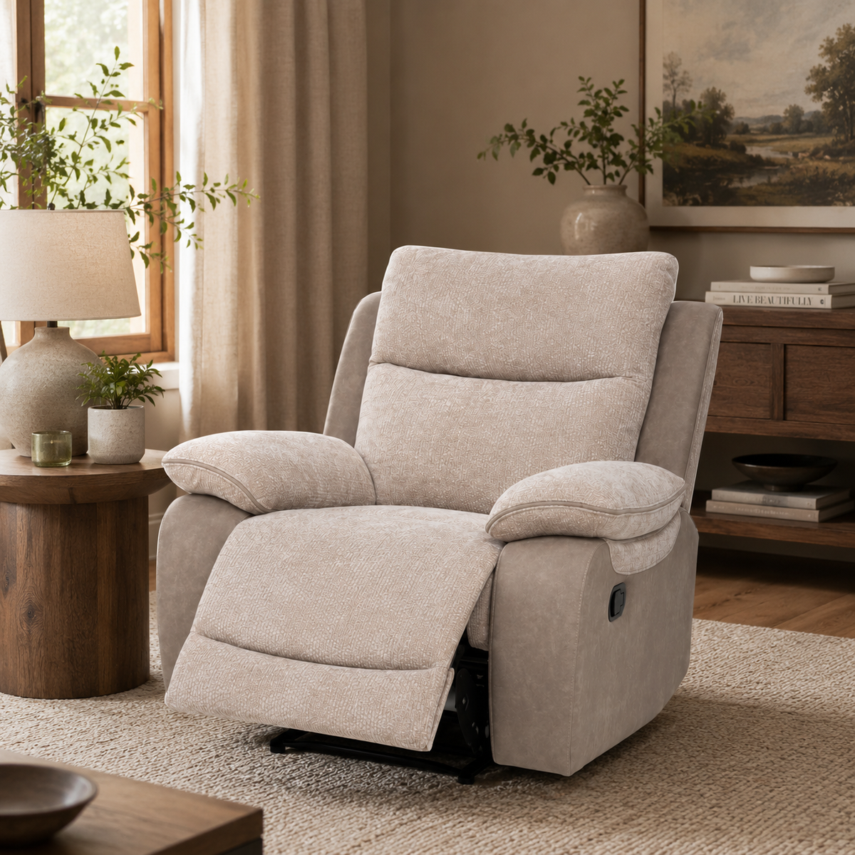  light beige upholstered recliner chair