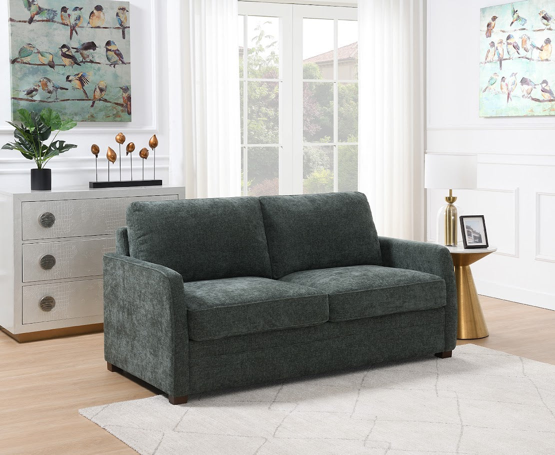 Gray sofa in a living room with white walls and decor