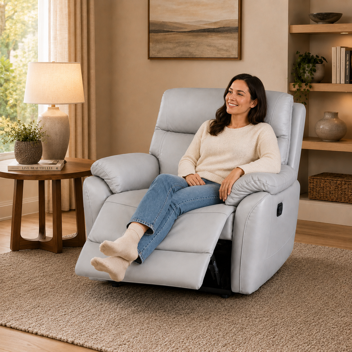 woman sits smiling in a light gray recliner chair 