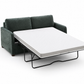A dark green upholstered sofa bed with its mattress