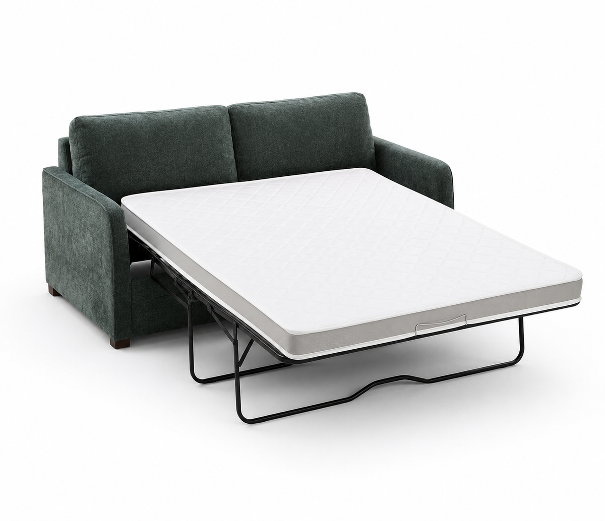A dark green upholstered sofa bed with its mattress