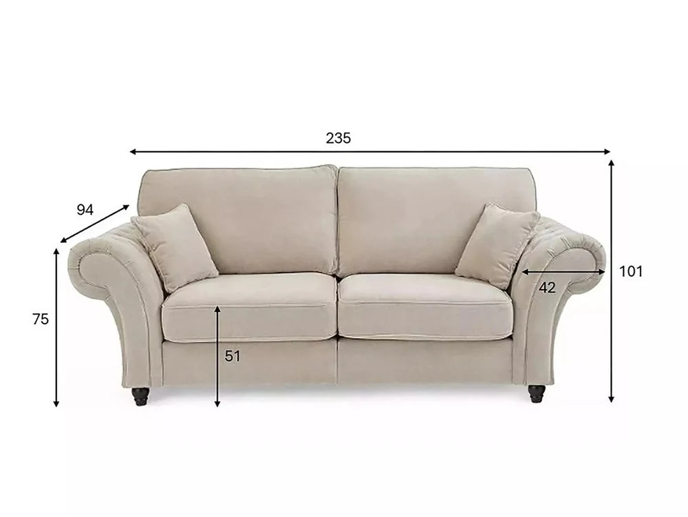 Beige sofa with dimensions labeled